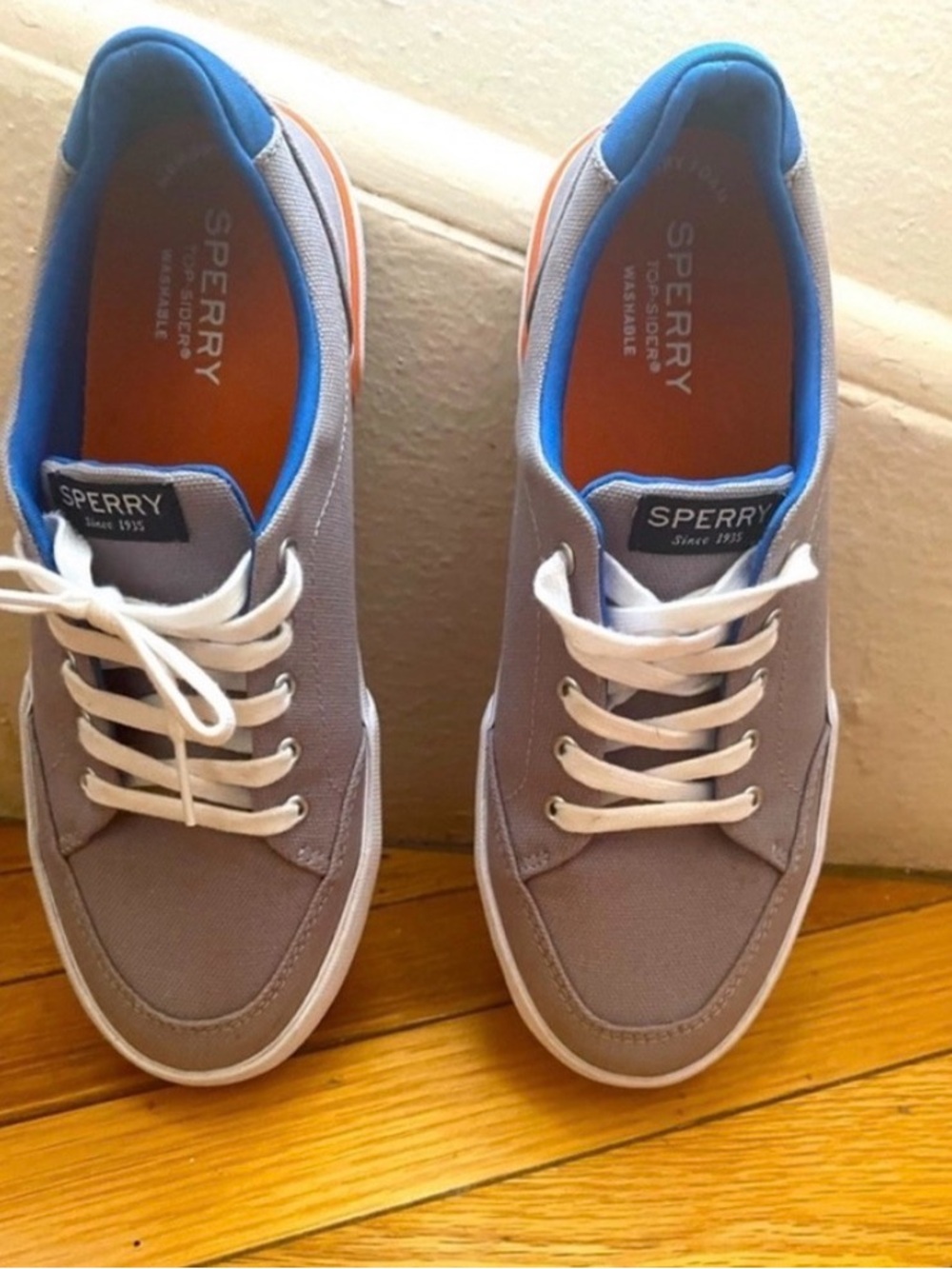 Sperry Men's Gray Canvas Boat Shoes with Blue Lining and White Laces